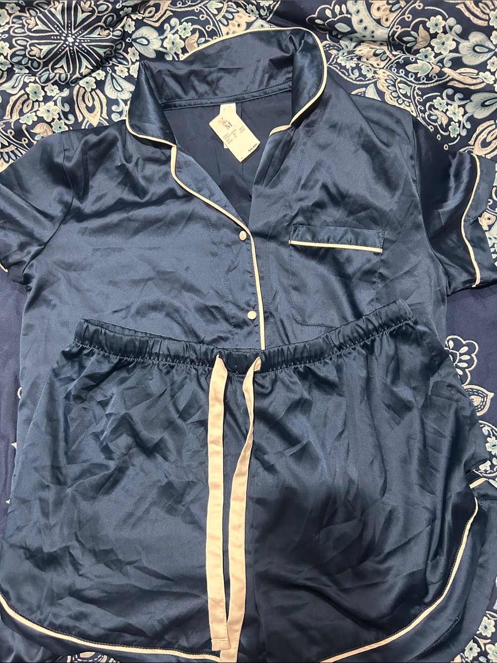Silky Navy Short Pajama Set with Cream Trim